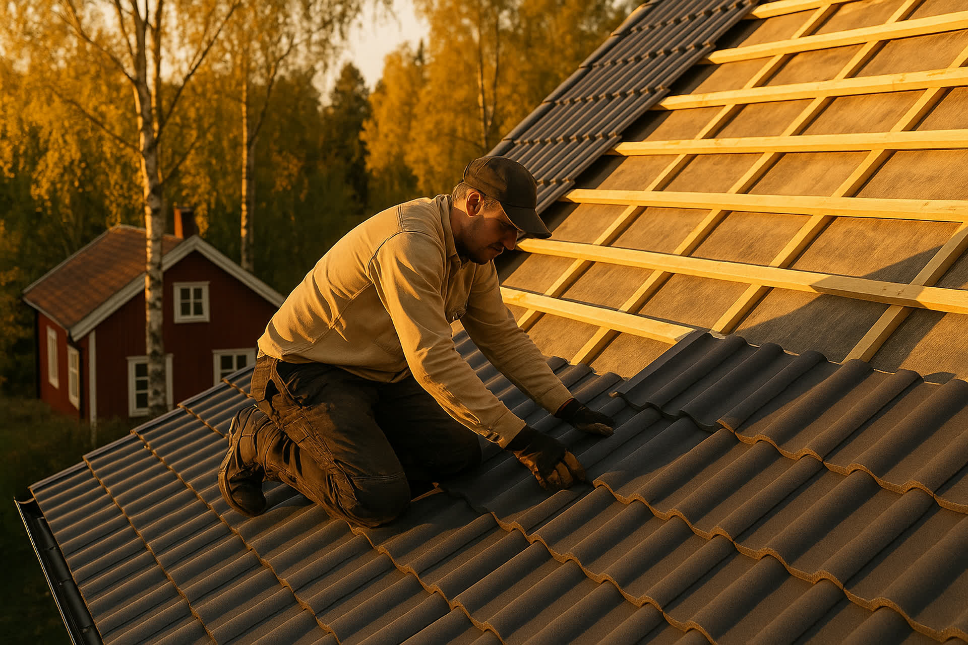 Takläggare lägger nya betongpannor på ett villatak i kvällsljus